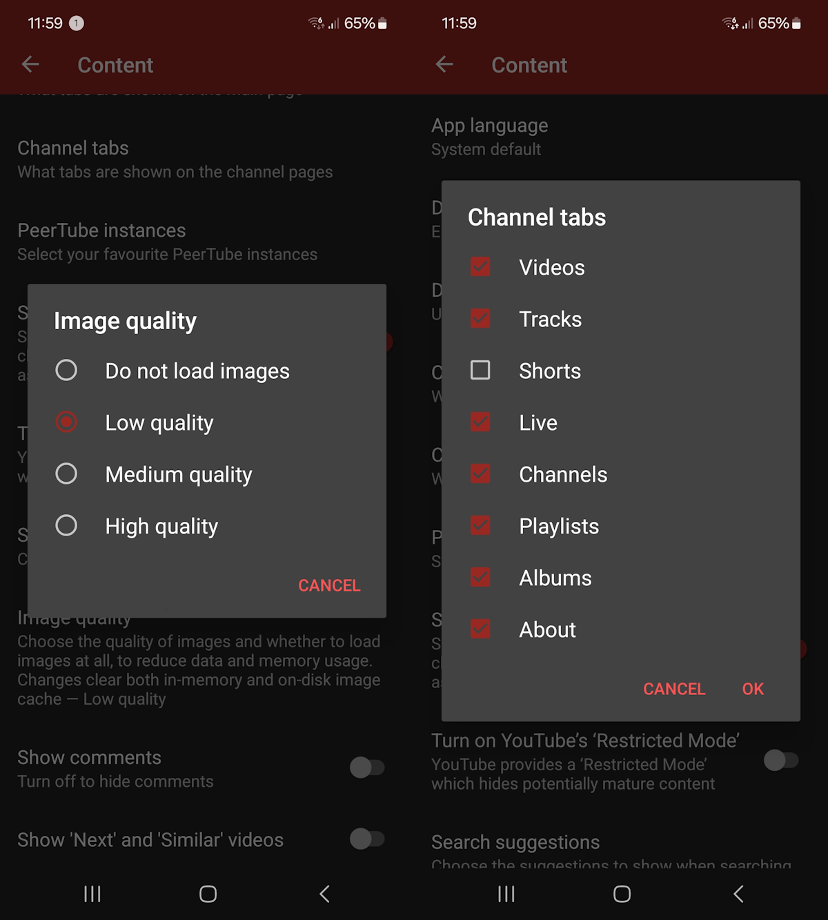 Newpipe Settings image quality content