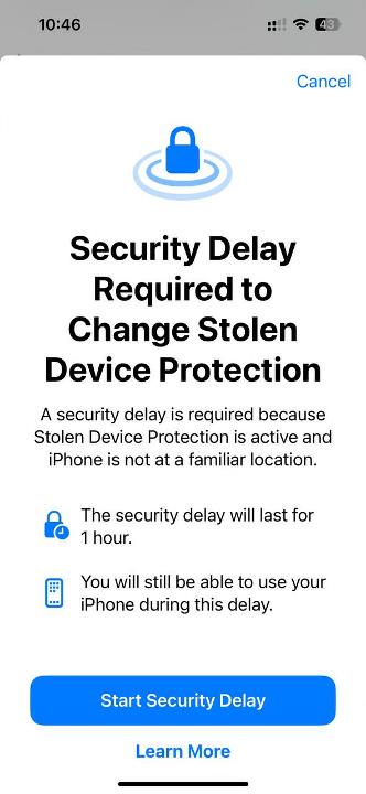 Security Delay - Stolen Device Protection on iPhone