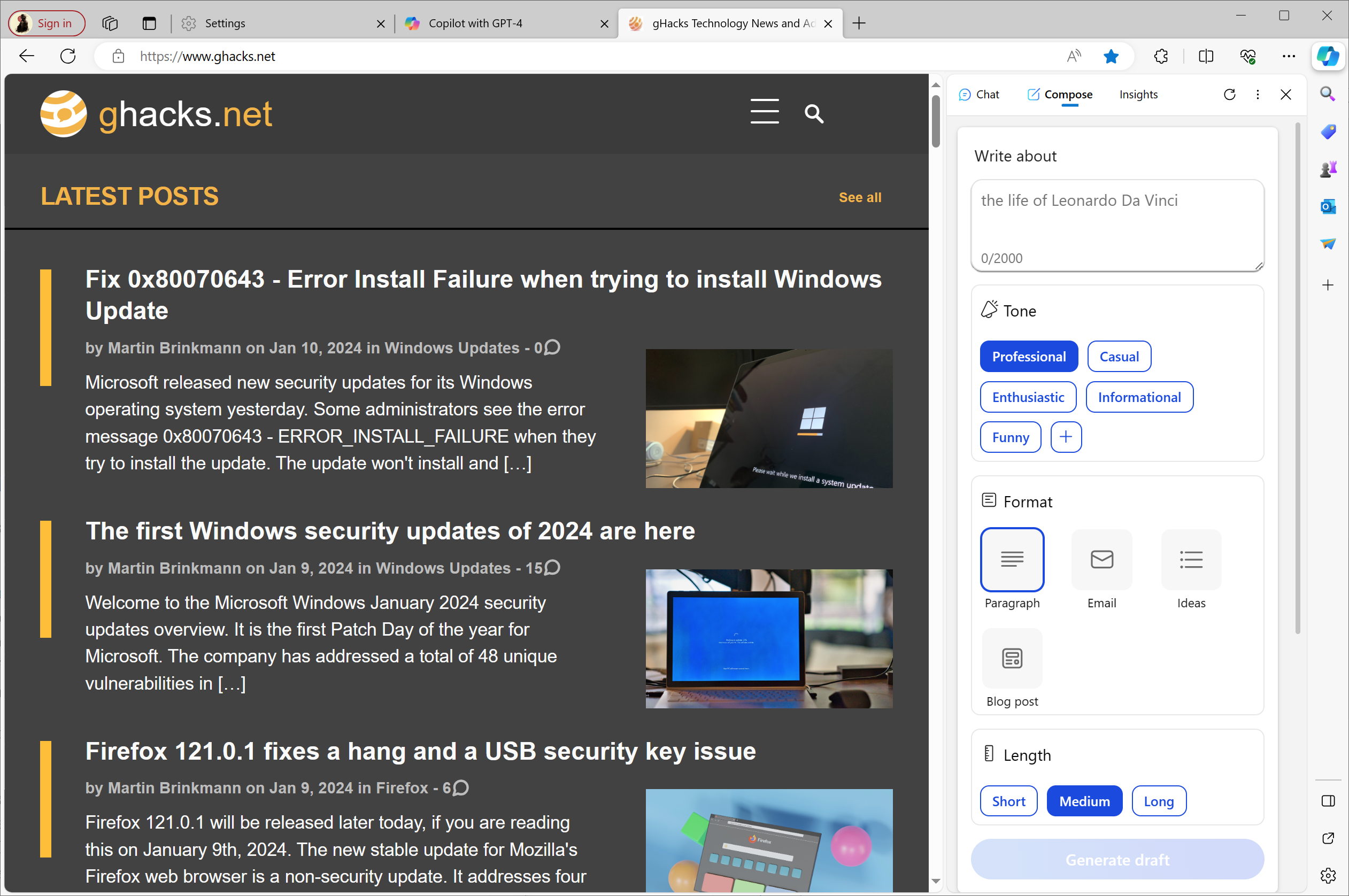 Microsoft Edge Compose Generate Text