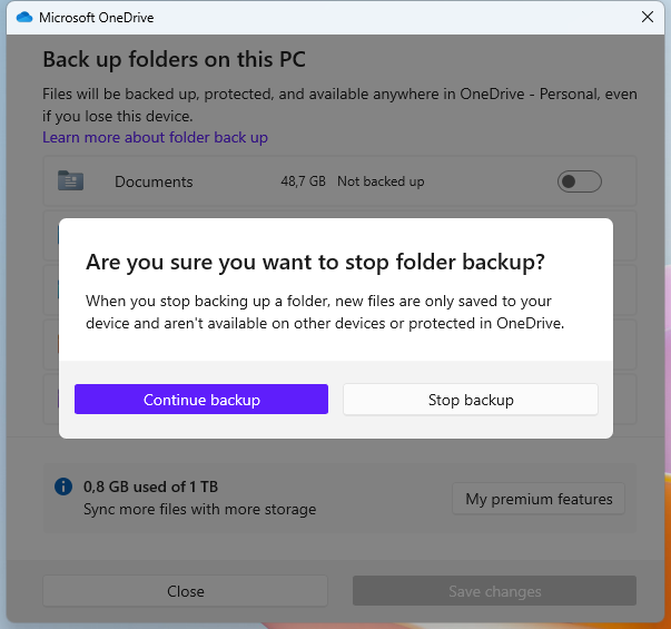OneDrive stop backup
