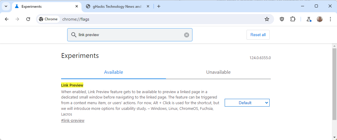 enable or disable Chrome's link preview feature
