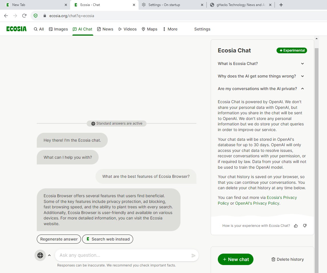 Ecosia ai chat features