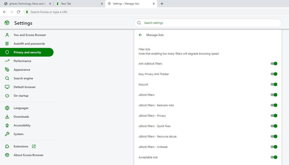Ecosia browser built in ad blocker settings
