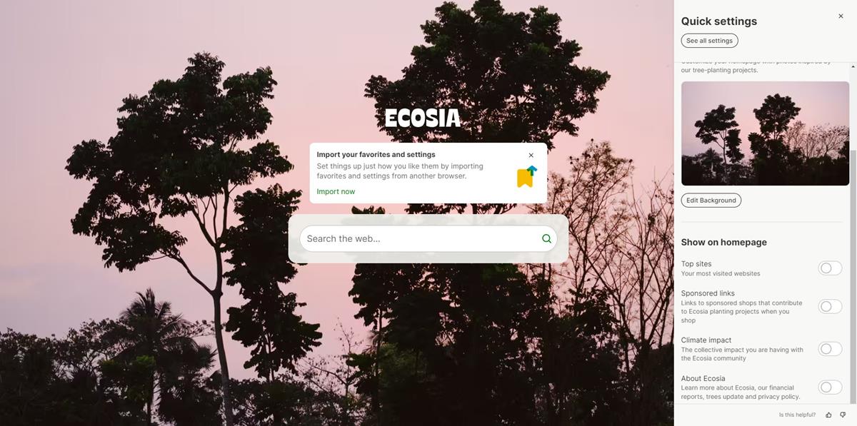 Ecosia browser new tab customize