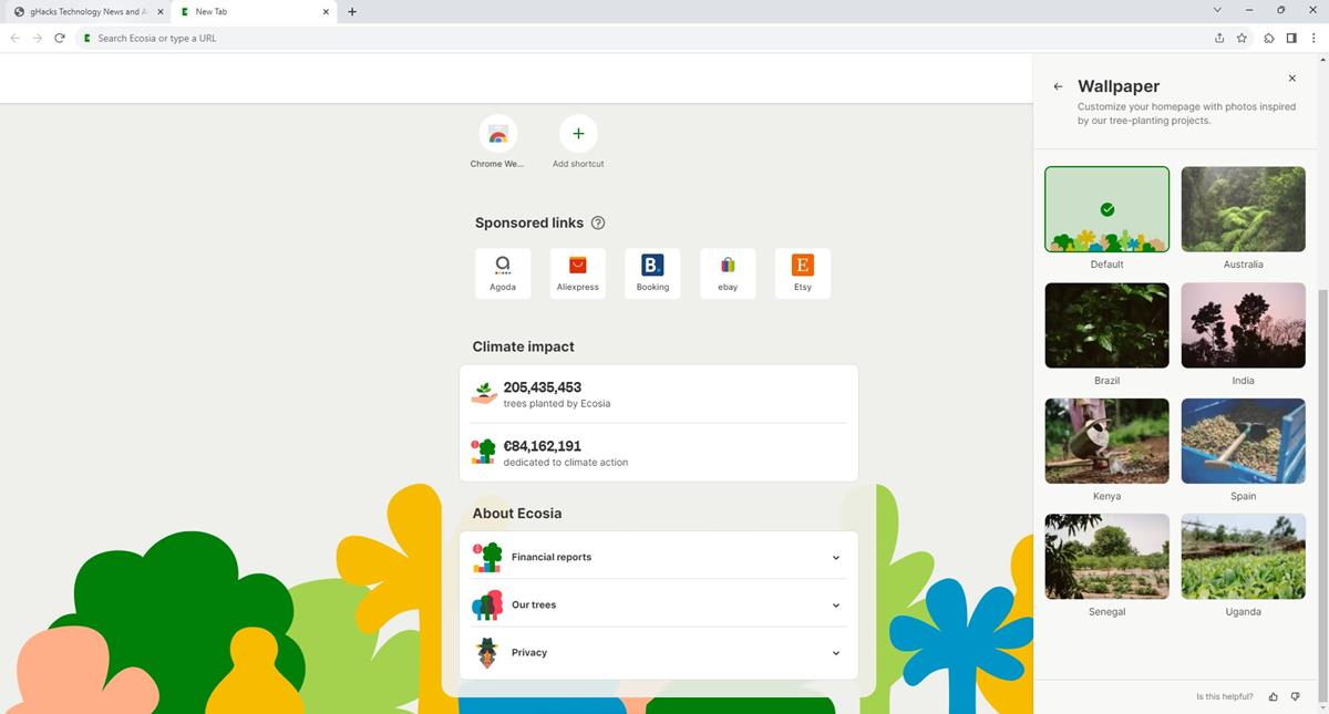 Ecosia browser new tab page