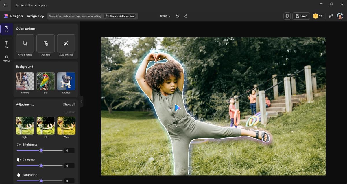 Microsoft Photos app with Designer AI editing options