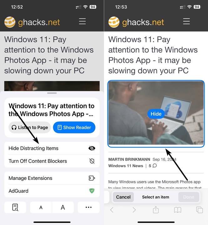 Distraction Control and Reader in Apple Safari iOS 18