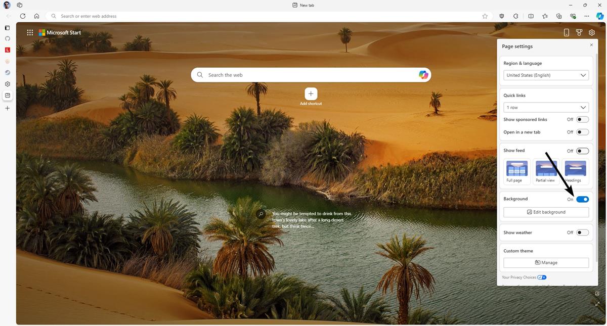 How to disable the background in Microsoft Edge's New Tab page