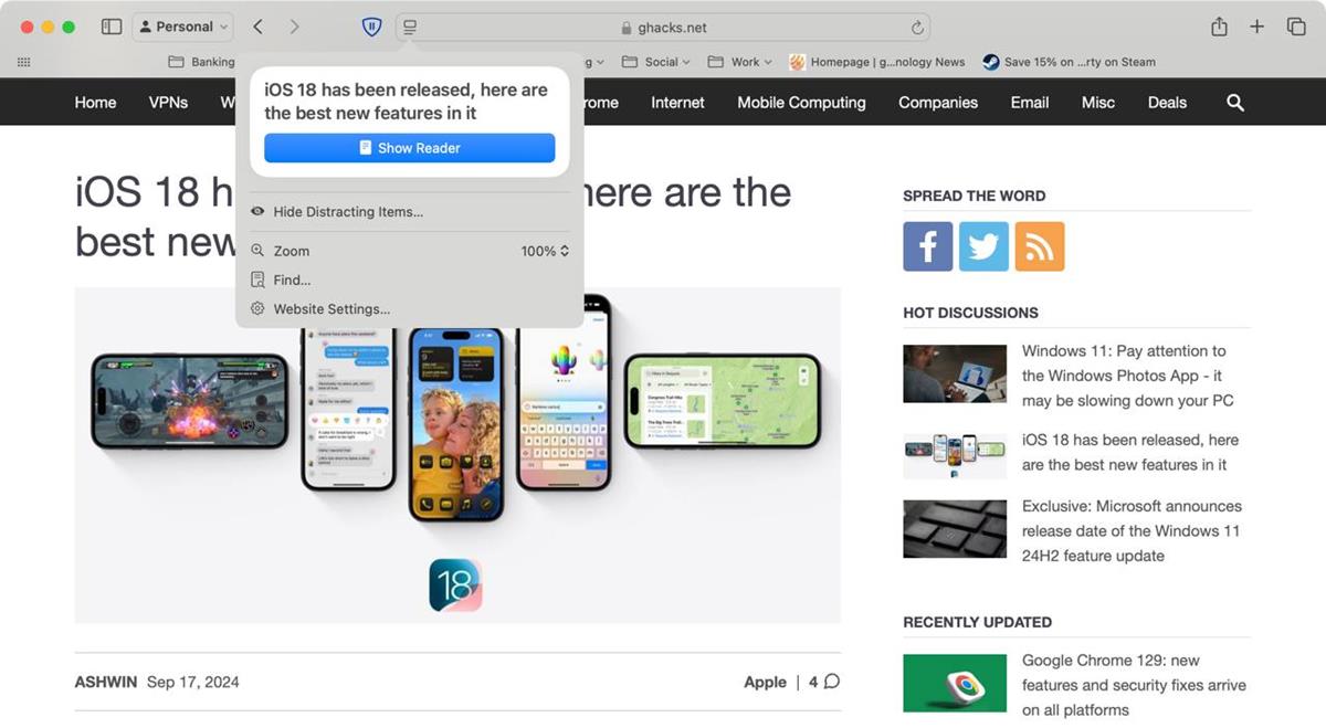 Reader and hide distractions in Apple Safari in macOS 15 Sequoia