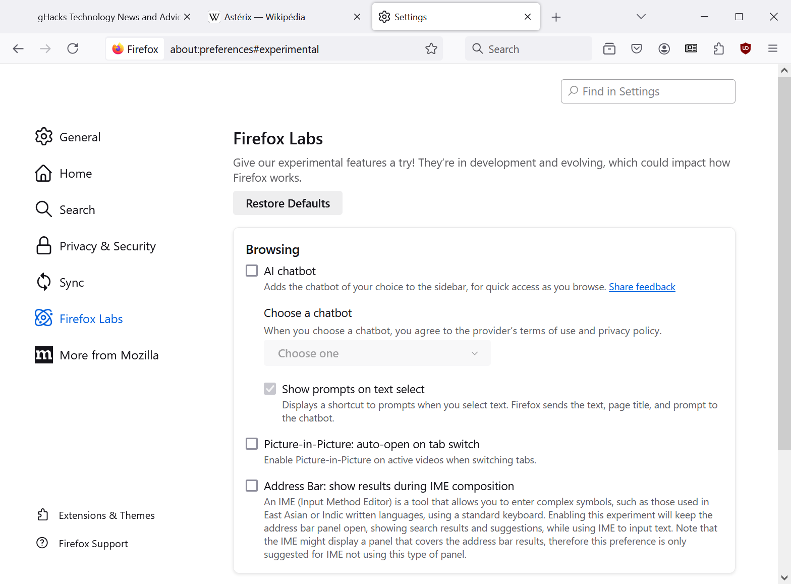 Firefox Labs