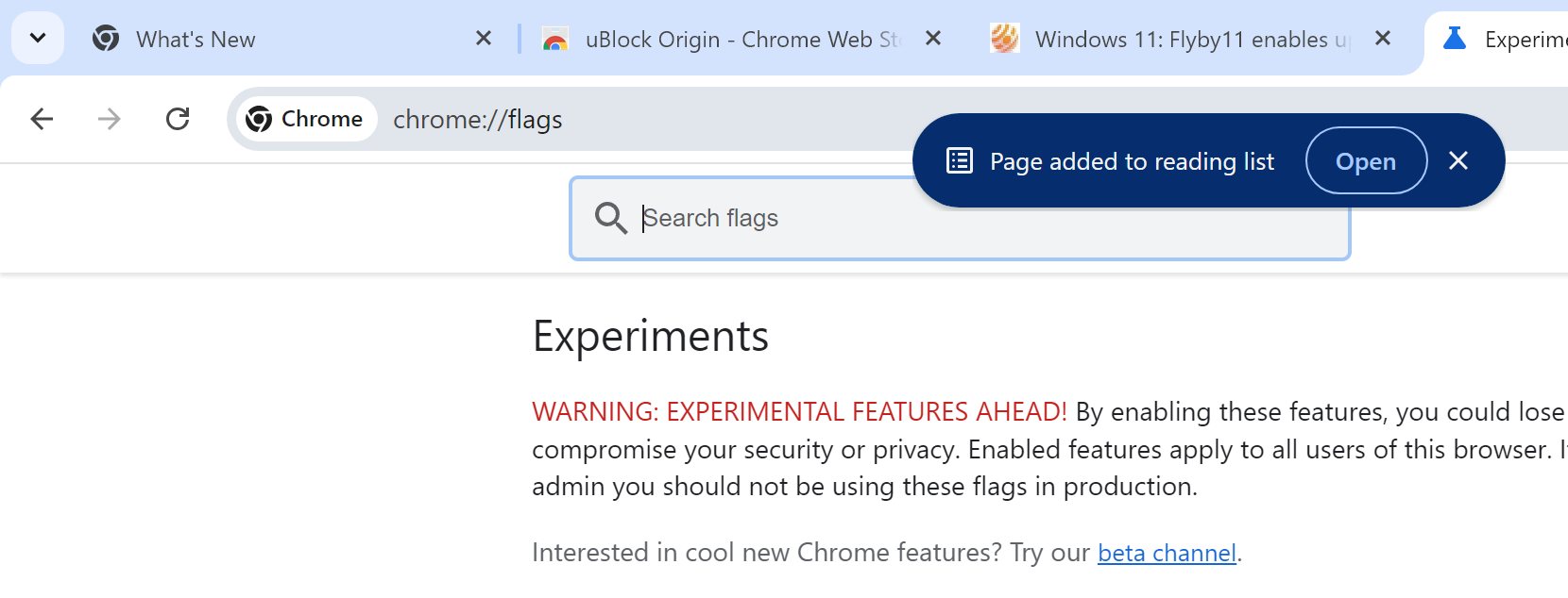 Page added to reading list Chrome