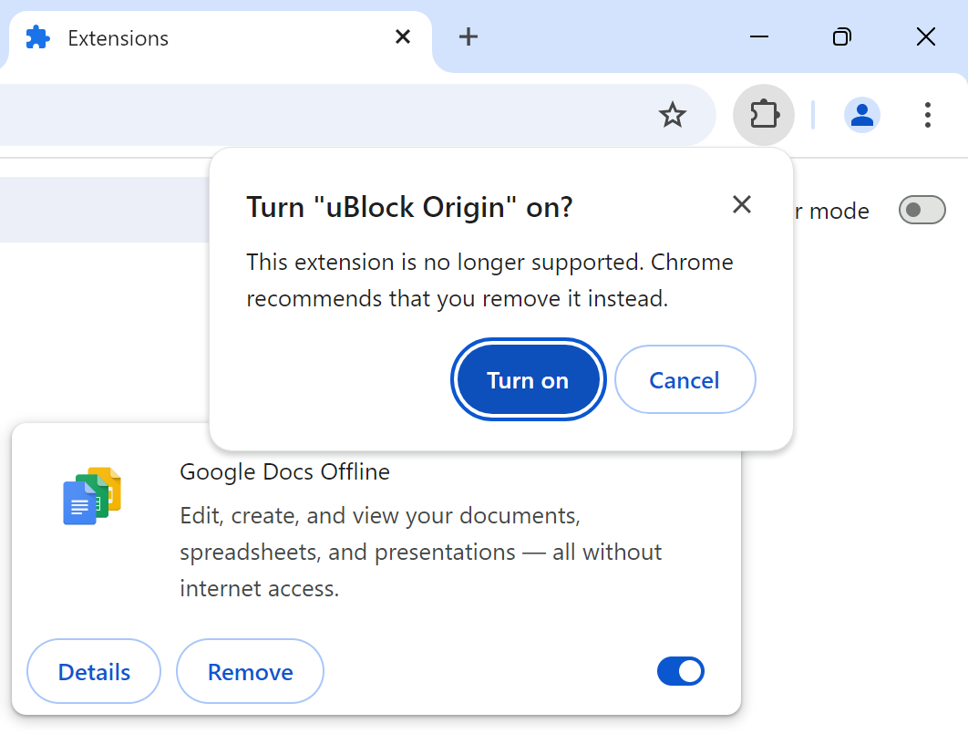 Turn On extension Chrome