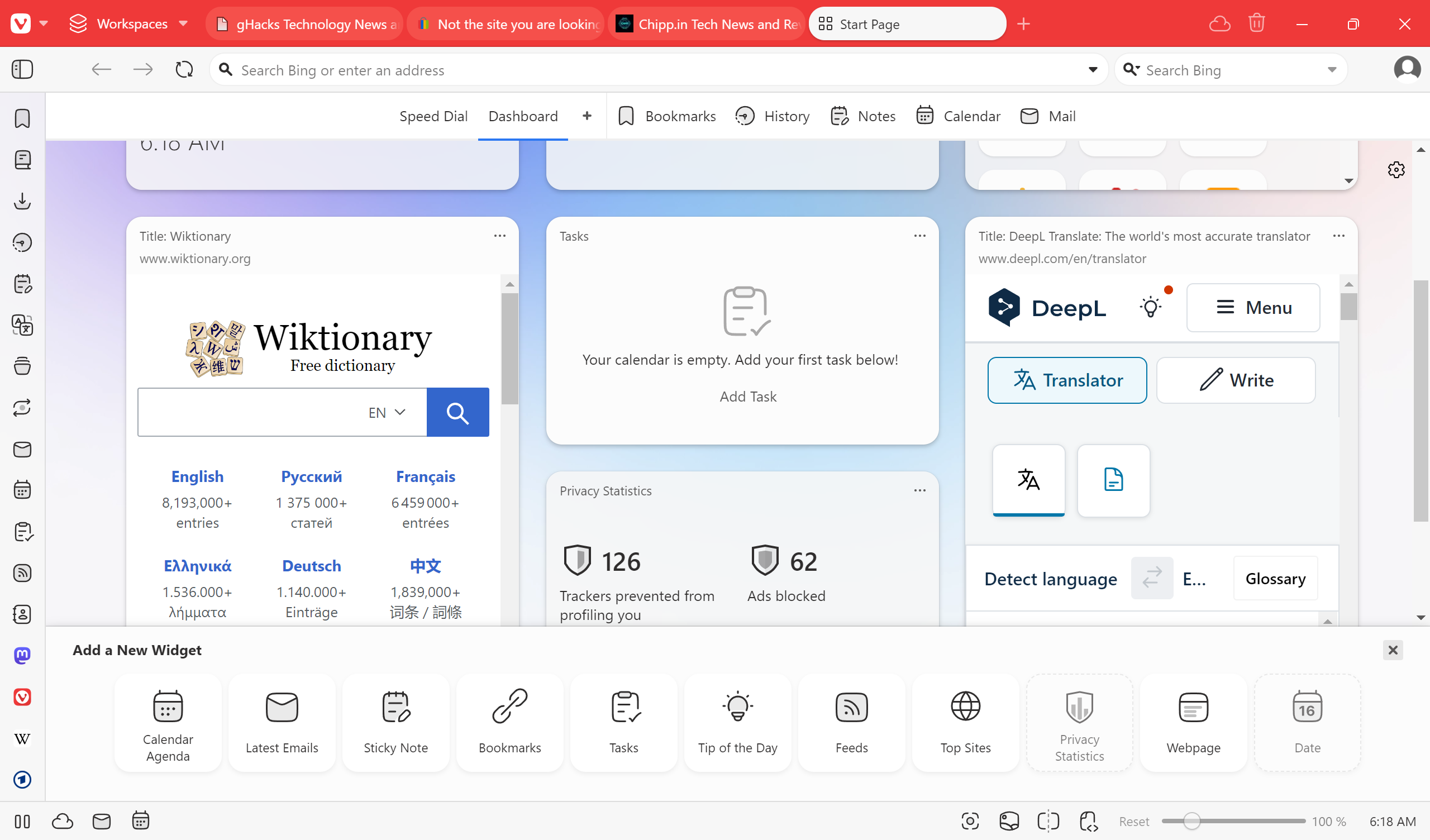 Vivaldi Browser dashboard