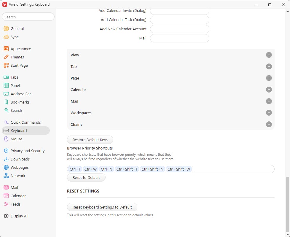 Customize Vivaldi's priority shortcuts