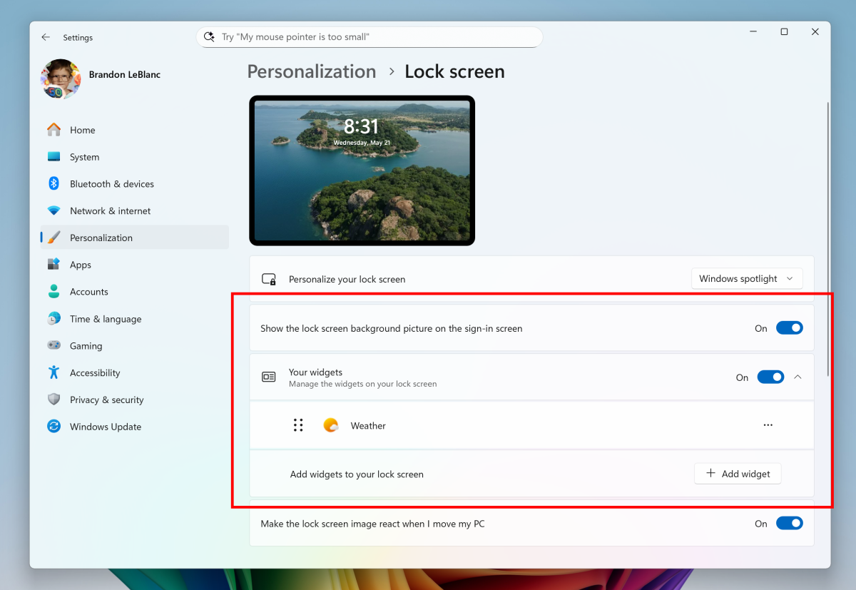 Windows 11 will let users choose the widgets that appear on the lock screen