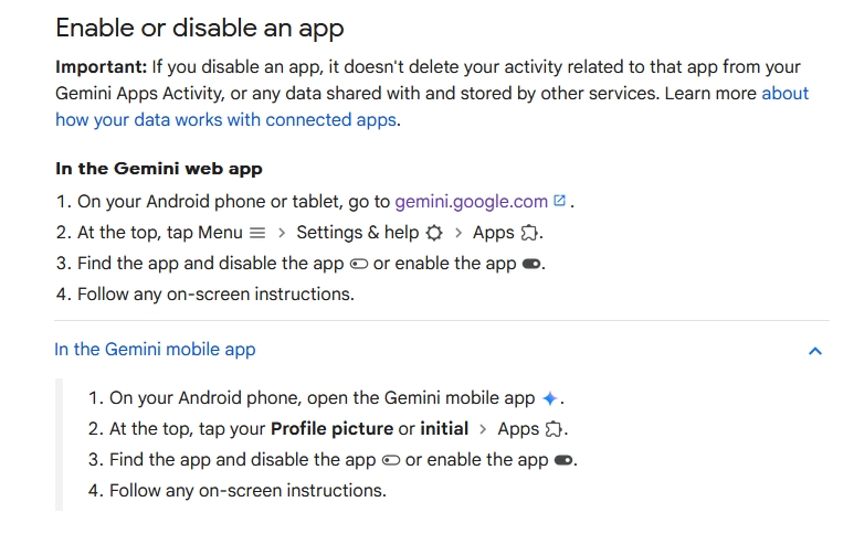 How to disable an app in Gemini