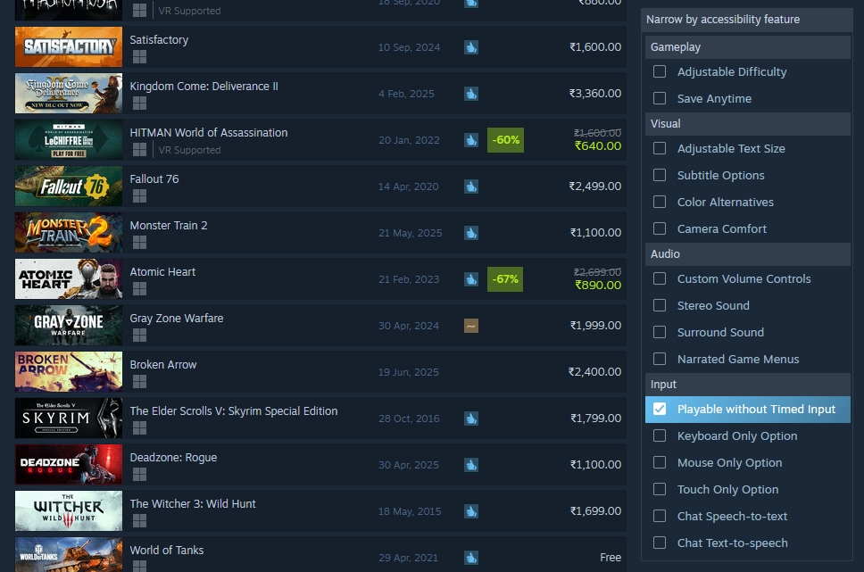 Steam search page Accessibility Features
