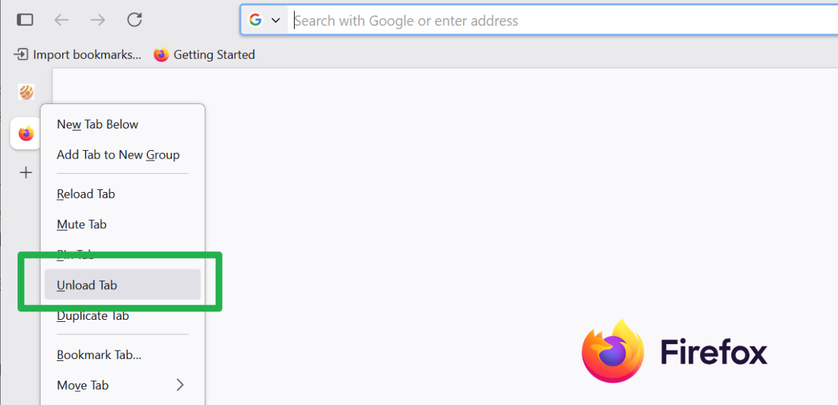 Firefox unload tab