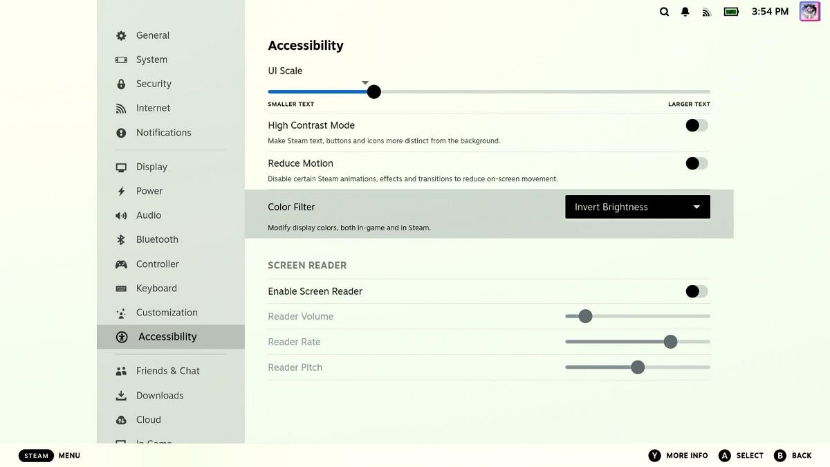 steam color filters invert brightness