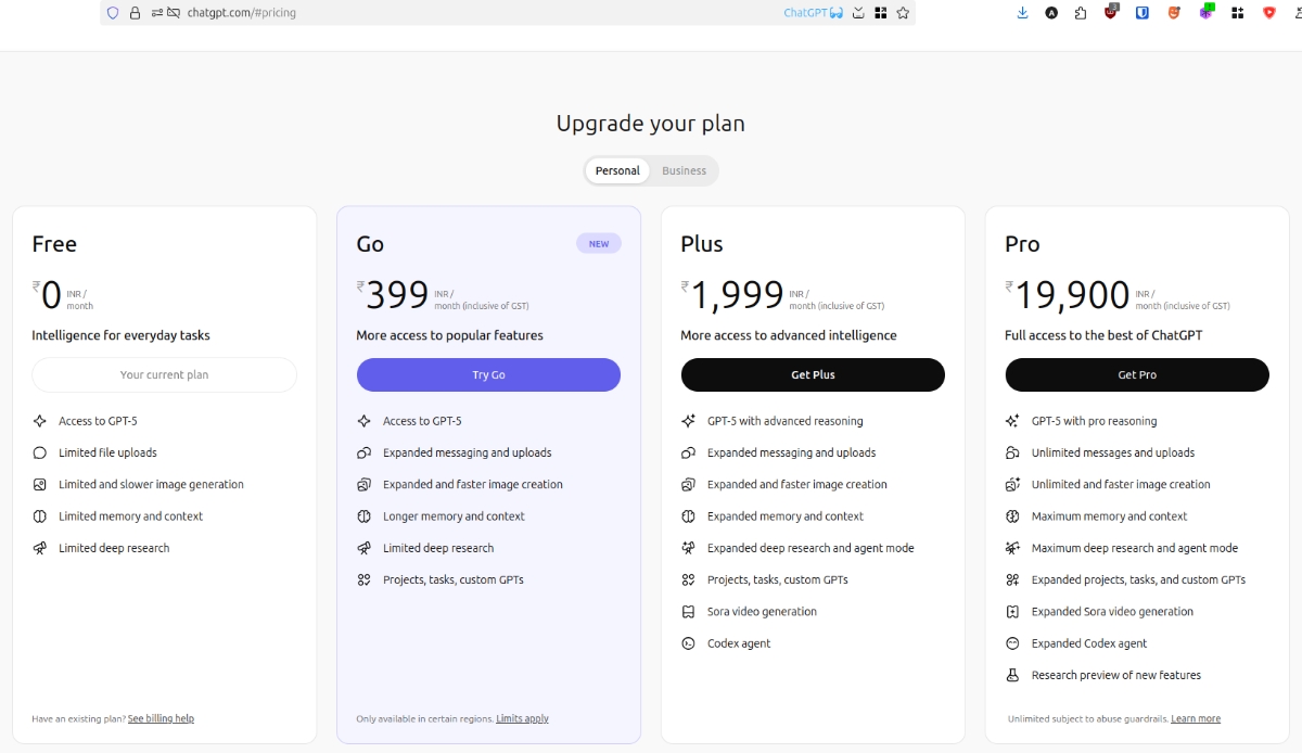 ChatGPT Go subscription plan price in India