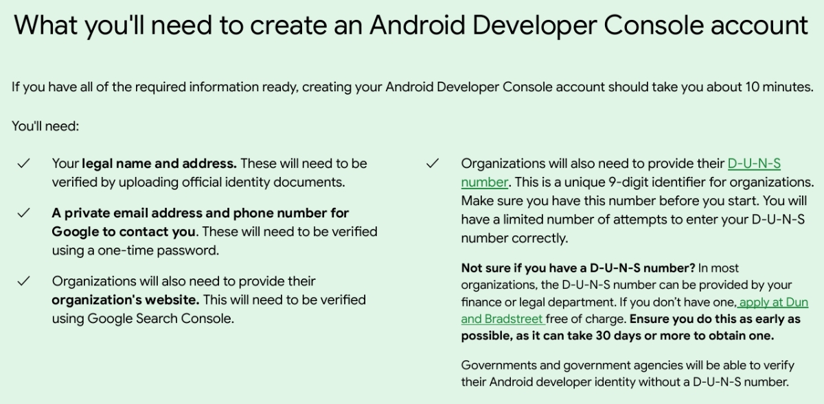 Google Android app developer verify identity