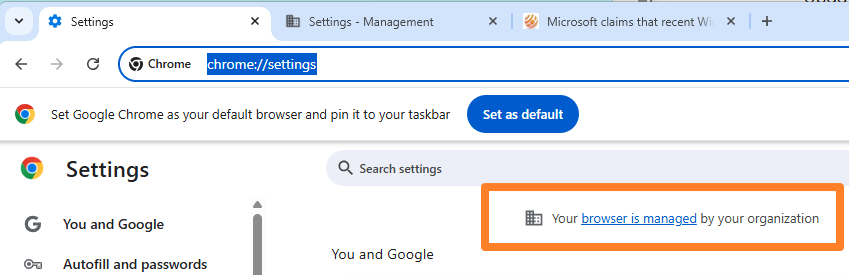 Google Chrome message: Your browser is managed by your organization