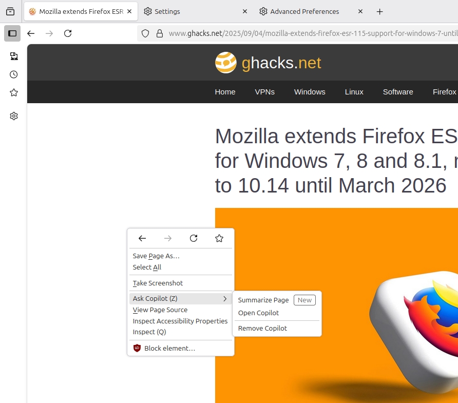 Copilot page action Firefox