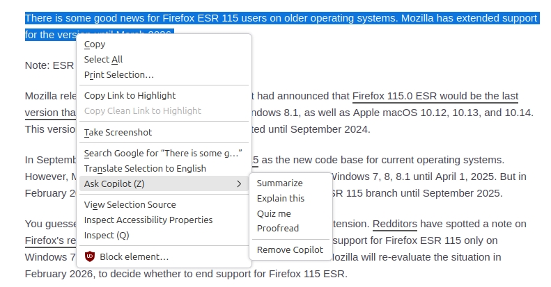 Copilot right-click actions in Firefox