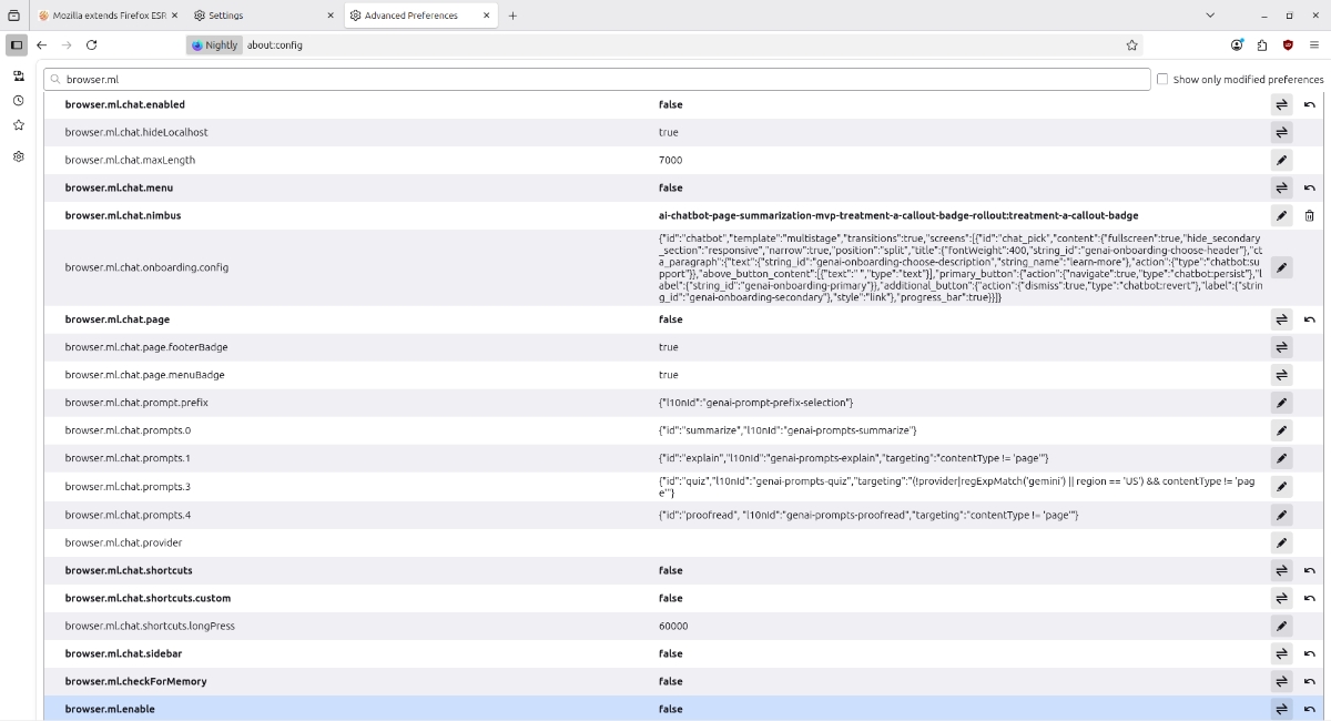 Disable AI features in Firefox Nightly