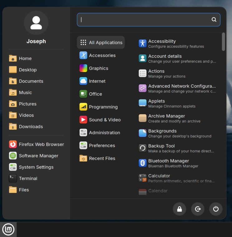 Linux Mint 22.3 new app menu preview