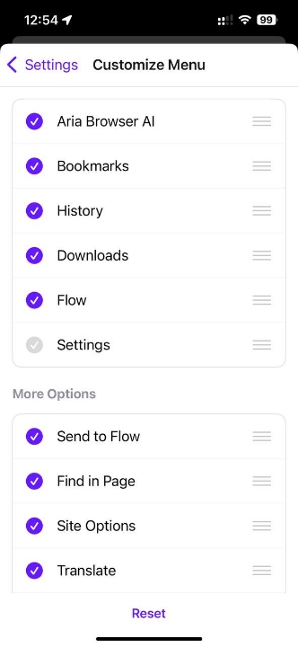 Opera for iOS Customize menu