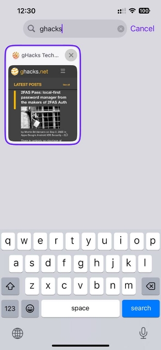 Opera for iOS search tabs