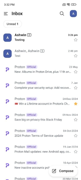Proton Mail new design inbox