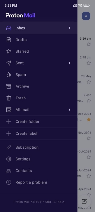 Proton Mail new menu design