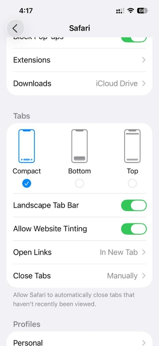 iOS26 enable Tab switcher