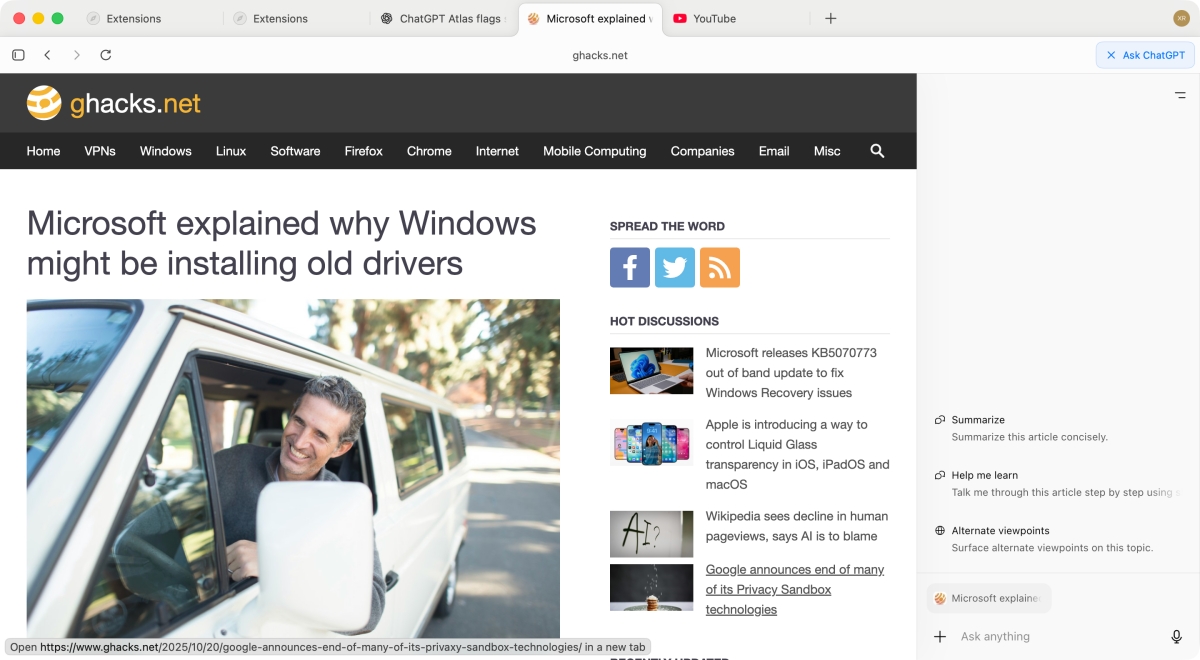ChatGPT Atlas Browser sidebar
