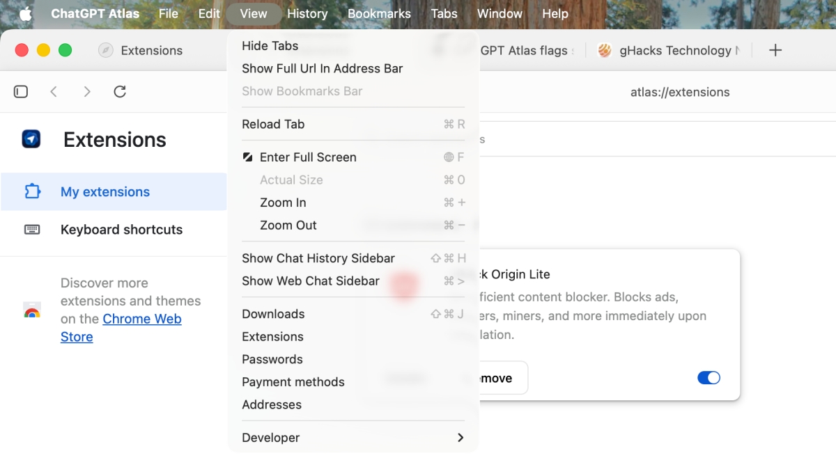 ChatGPT Atlas Extensions menu