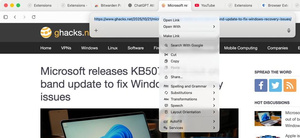 ChatGPT Atlas address bar menu