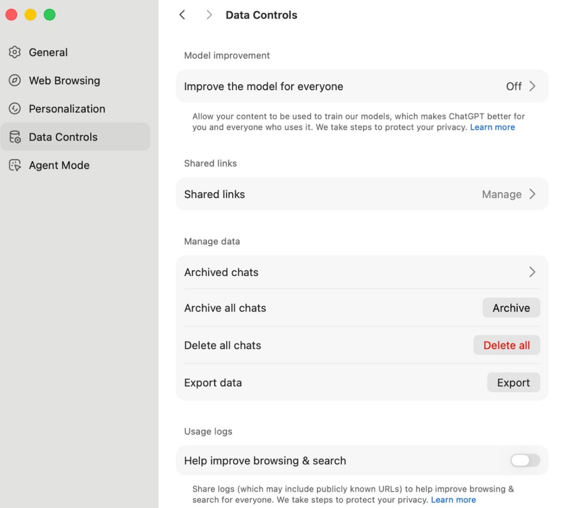 Data Controls Settings in ChatGPT Atlas browser