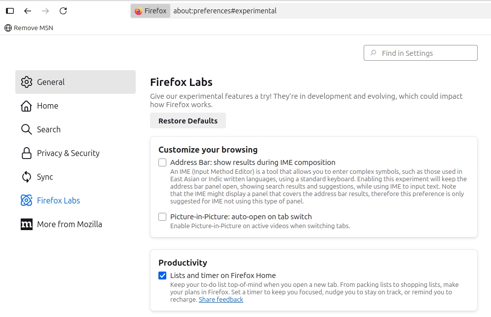 How to enable New tab widgets in Firefox Labs