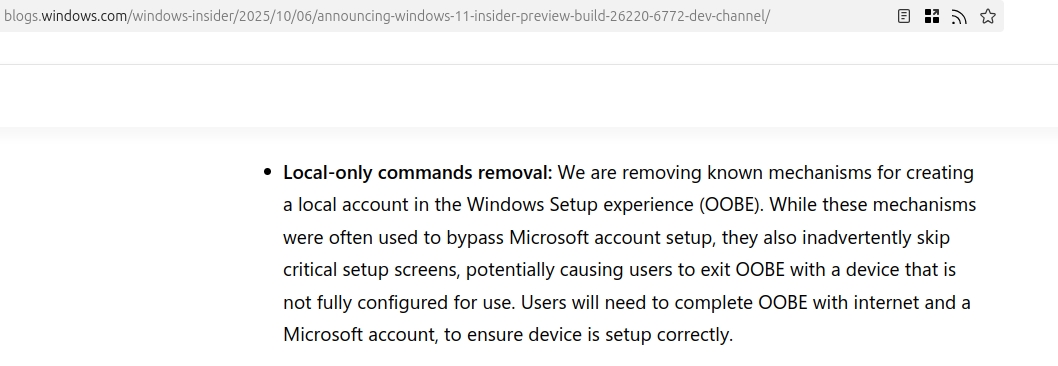 Microsoft is killing local-only commands for offline windows 11 setup