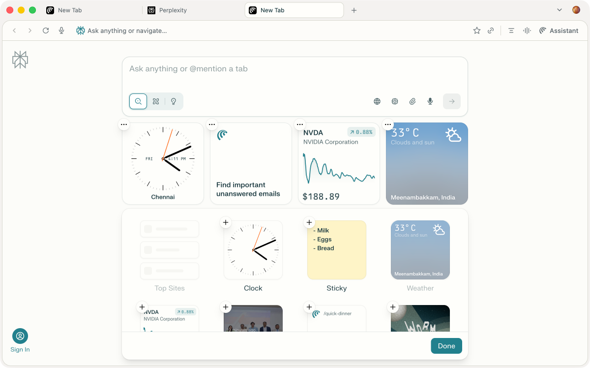 Perplexity new tab page