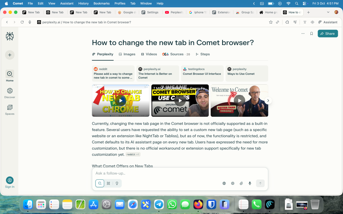 Perplexity new tab search