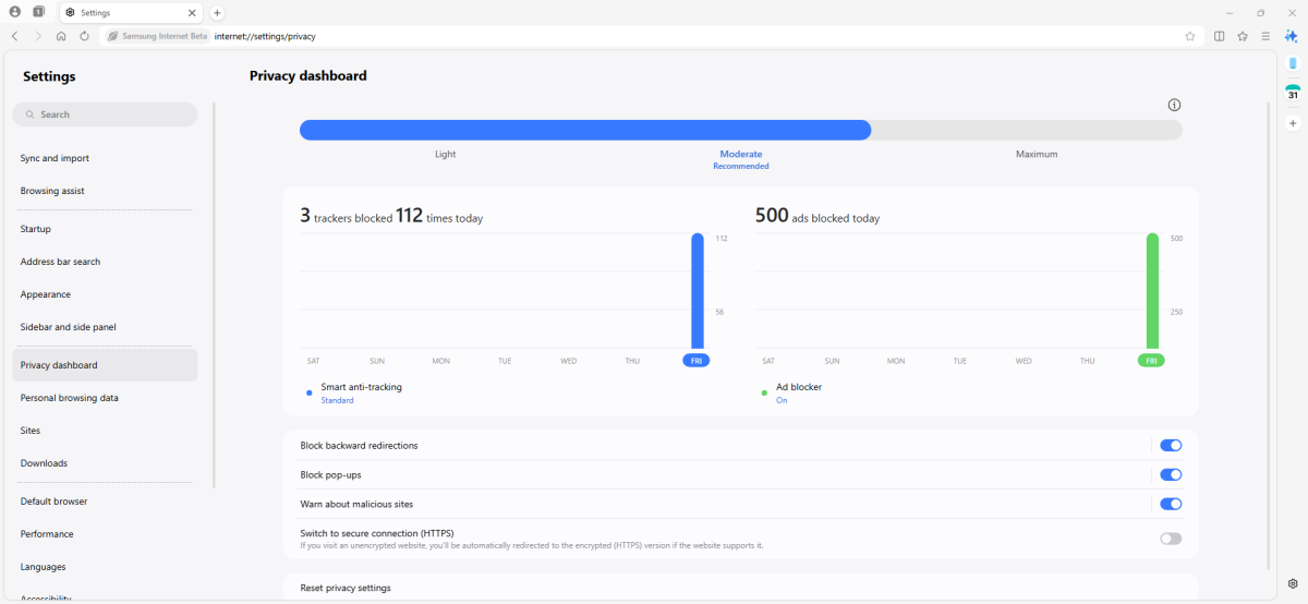 Samsung Internet Browser privacy dashboard
