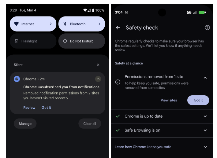 Google Chrome auto removed notification