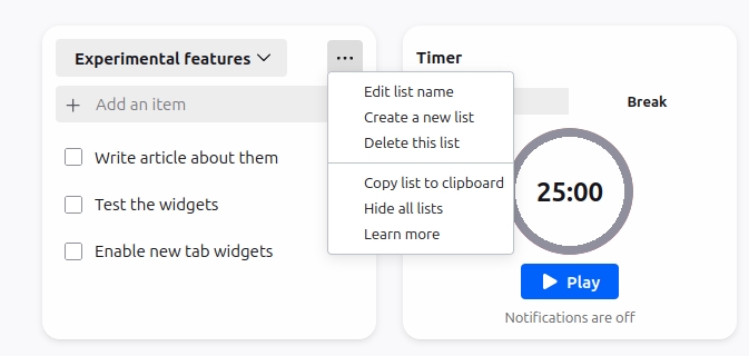 create a list in firefox new tab widget