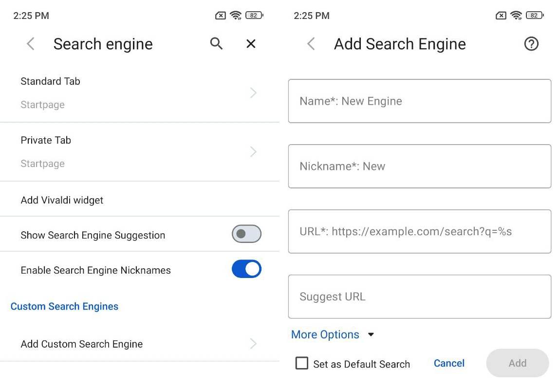 Add custom search in Vivaldi Android