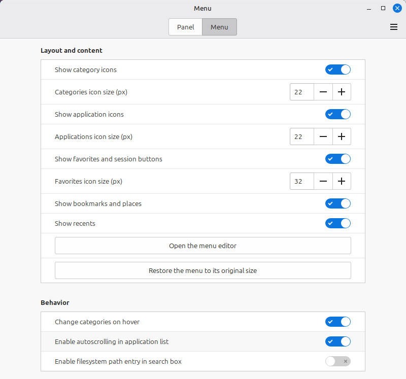 Linux Mint 22.2 Start Menu customization options