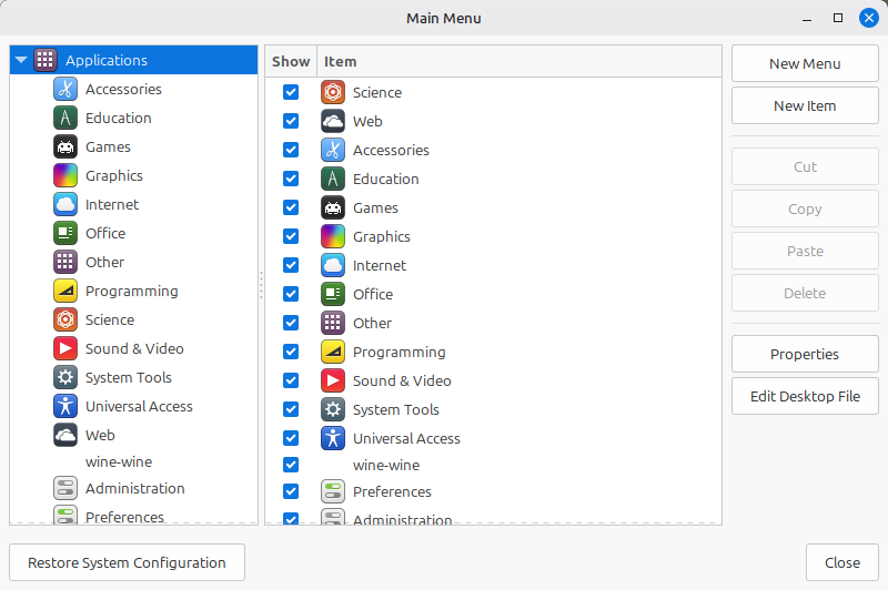 Linux Mint 22.2 Start Menu customization