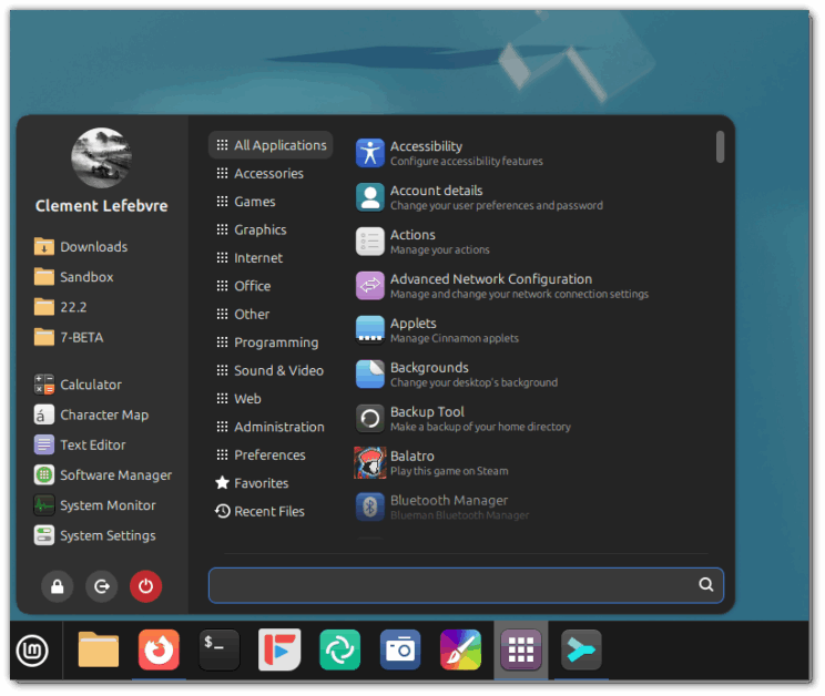 New Cinnamon menu Linux Mint